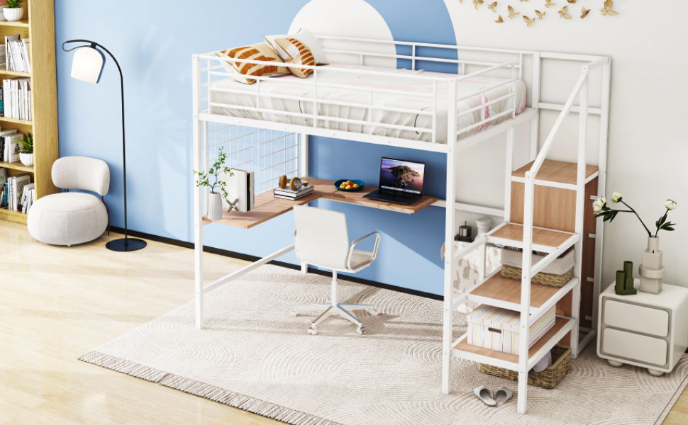 Loft Bed With Desk And Grid, Stylish Frame With Lateral Storage Ladder And Wardrobe