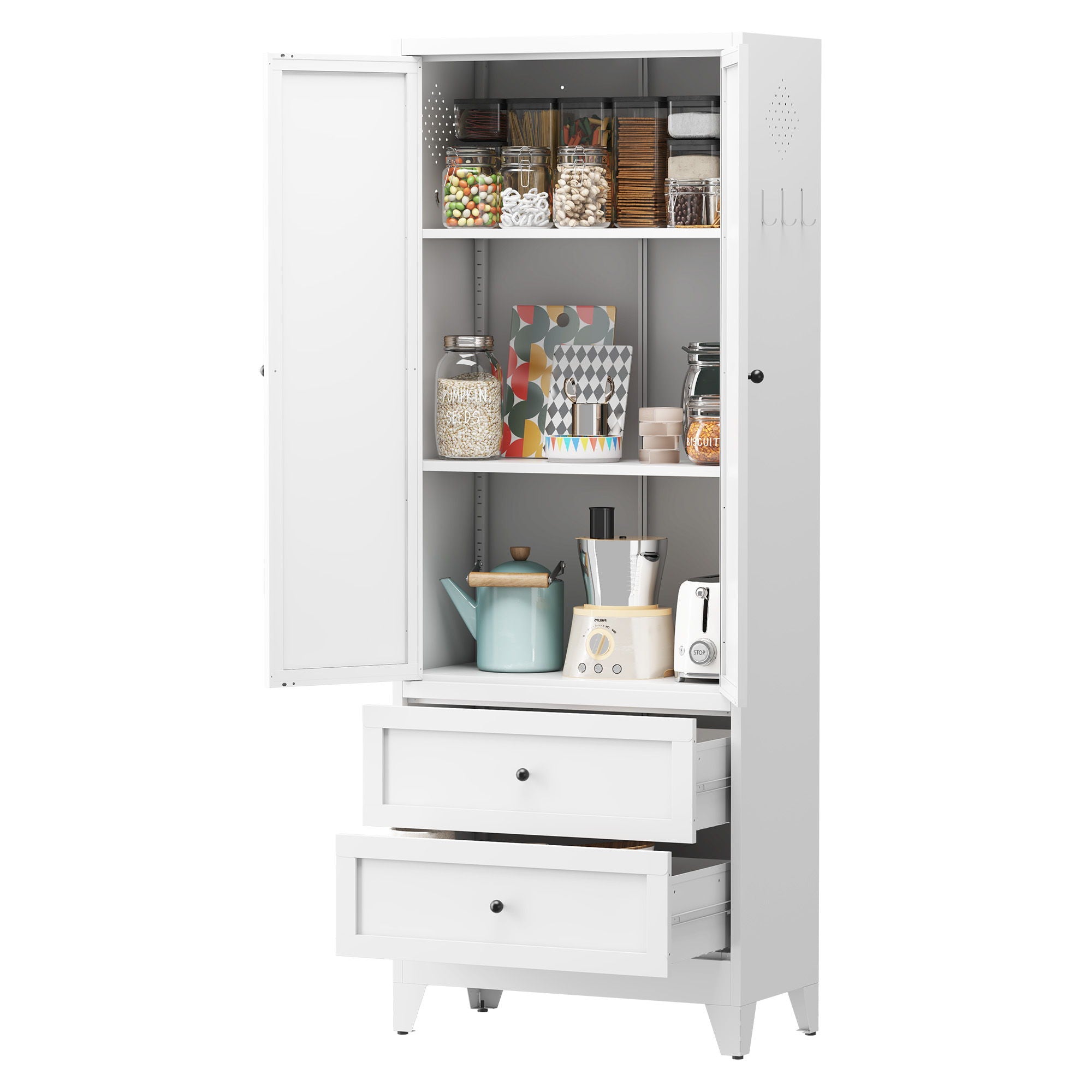 Pantry Cabinet With 2 Drawers, Freestanding Kitchen Storage Cabinet With Adjustable Shelves, Heavy-Duty Organizer For Spices, Dishware, Small Appliances - White
