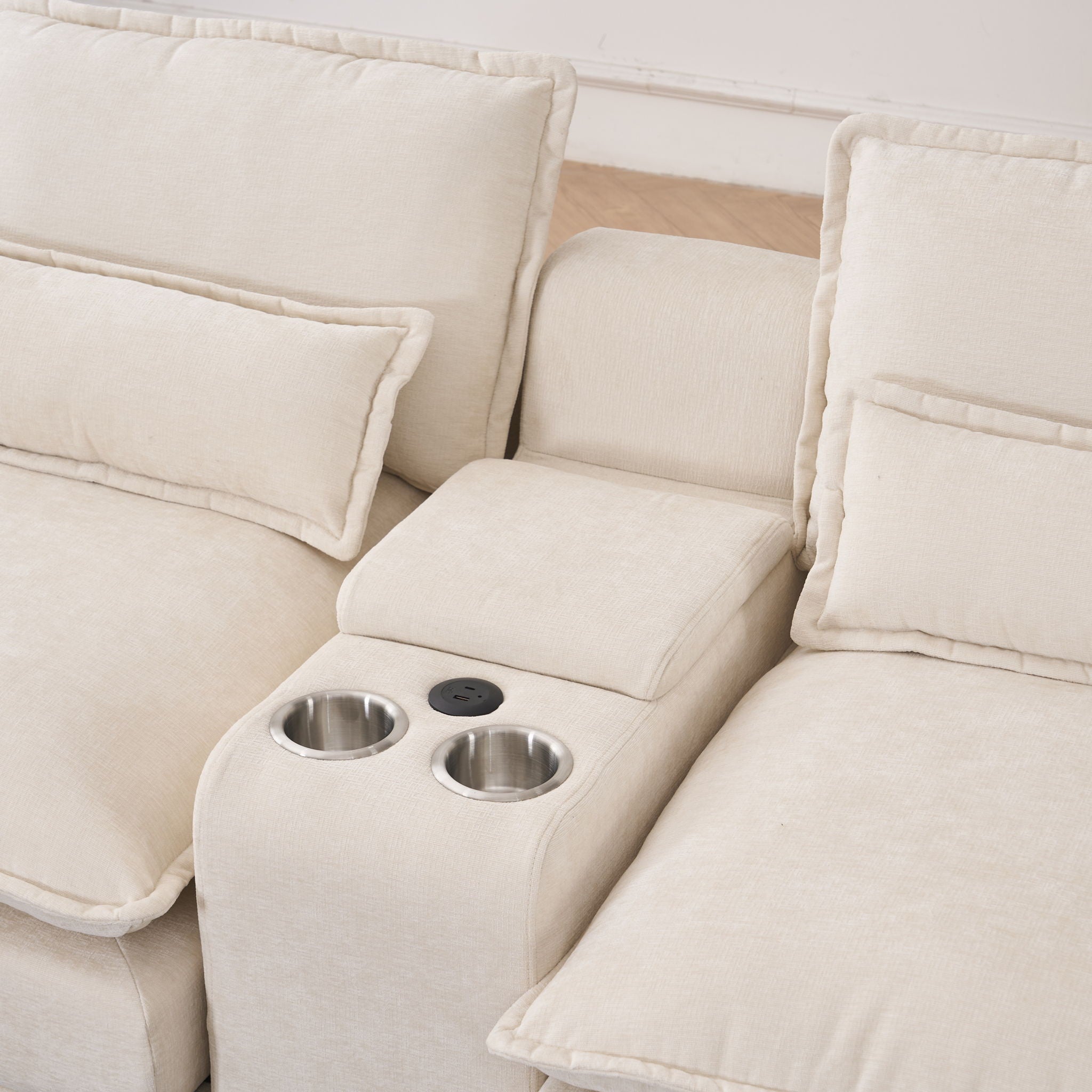 U Shaped Sofa With Console, Cupholders, USB Ports, 6 Seat, Bronzing Suede & Chenille
