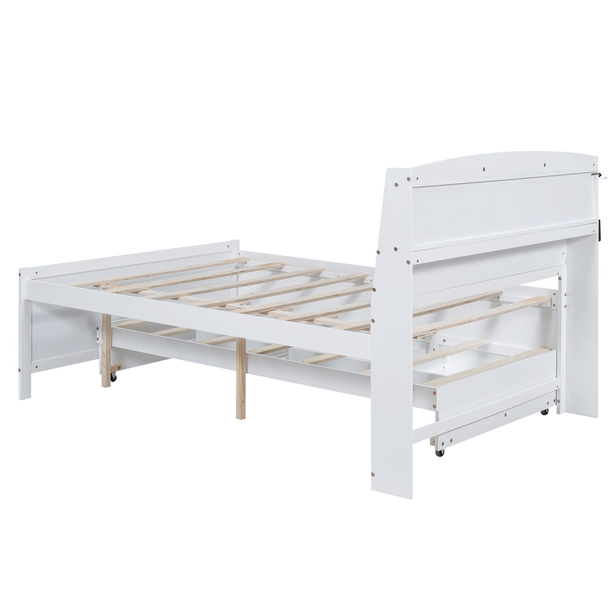 Full Size Platform Bed With Storage LED Headboard, Twin Trundle And 3 Drawers - White
