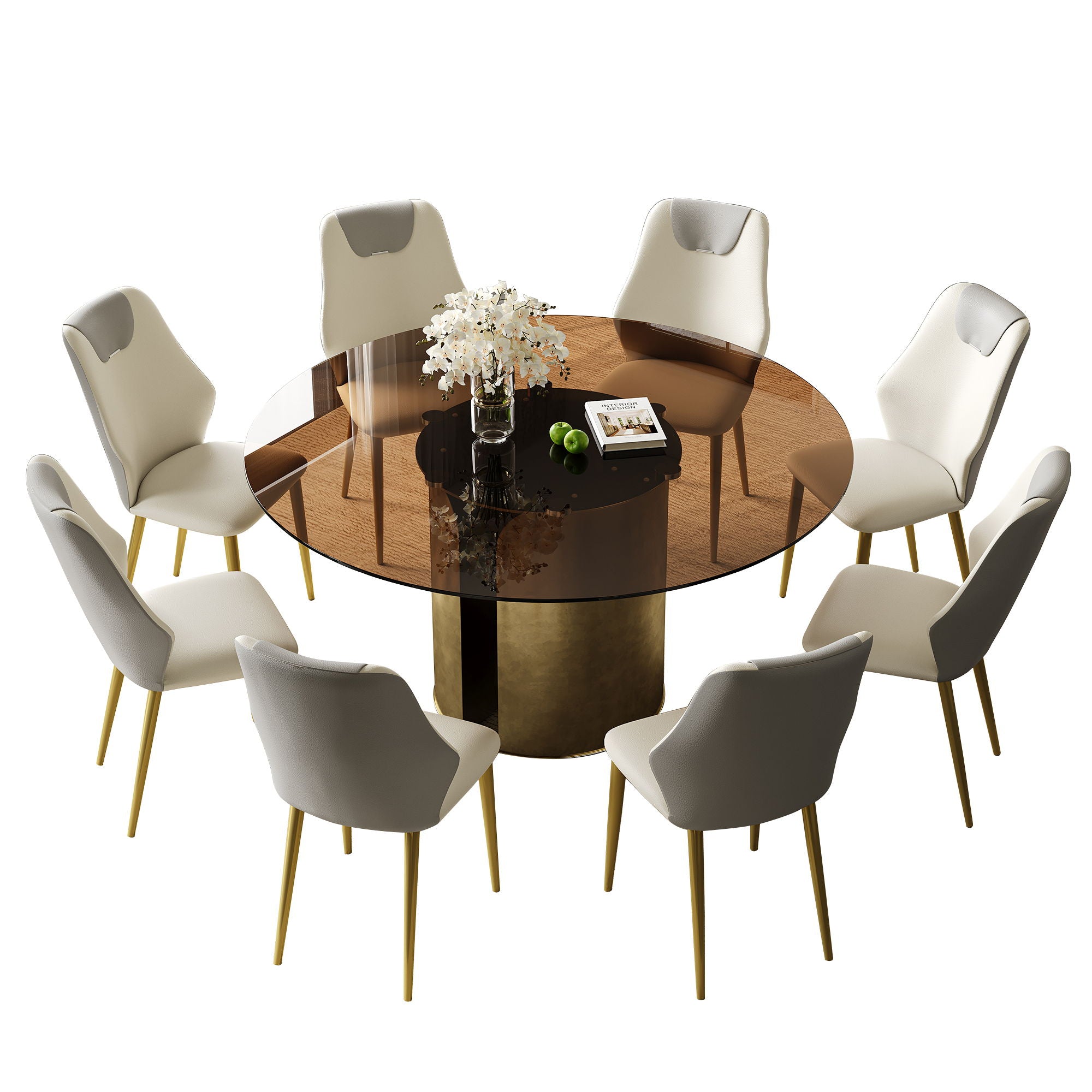 Modern Round Dining Table Set With Glass Top And Steel Legs