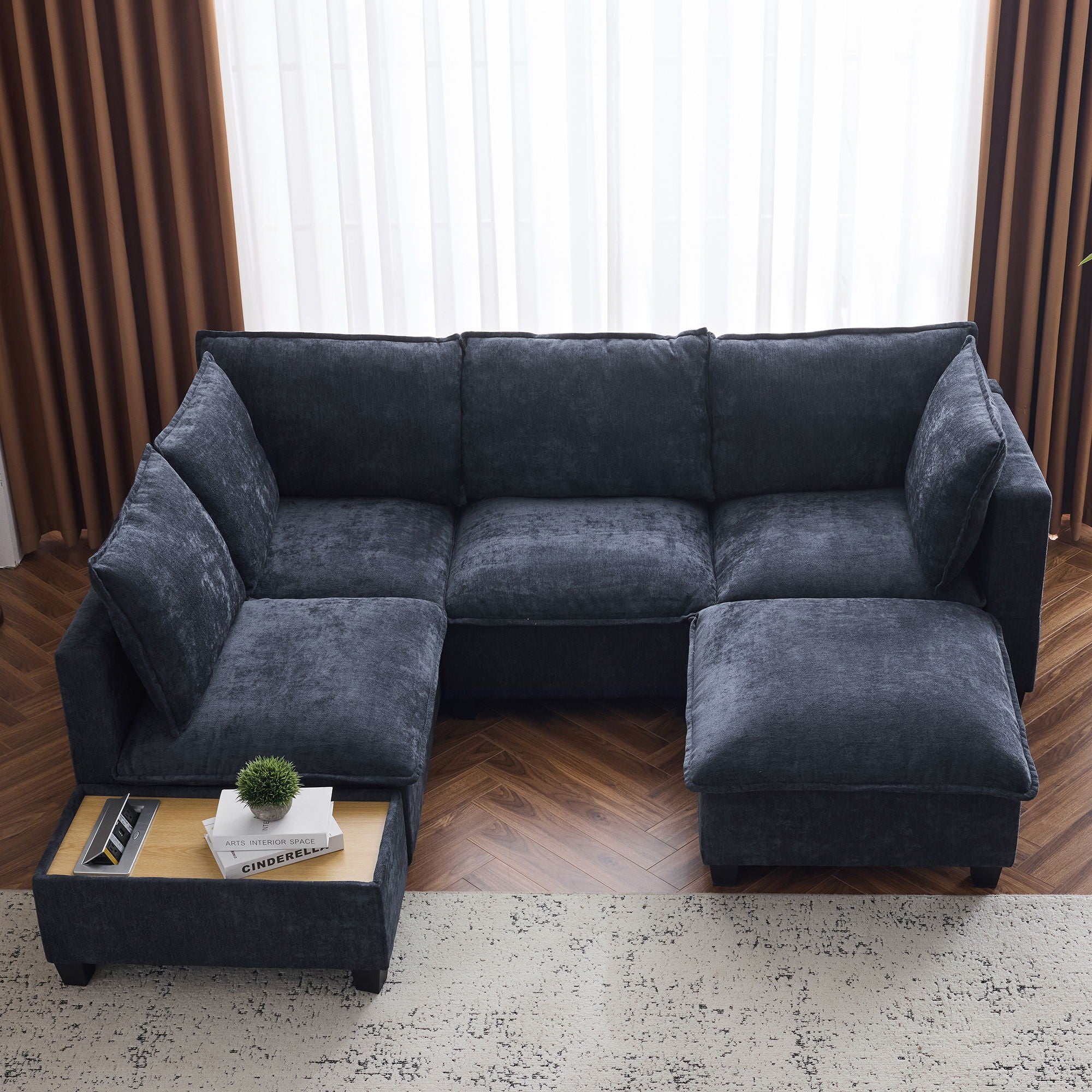 U-Shaped Sectional Modular Sofa With A Movable Ottoman, A Coffee Table With Hidden Charging Devices For Living Room