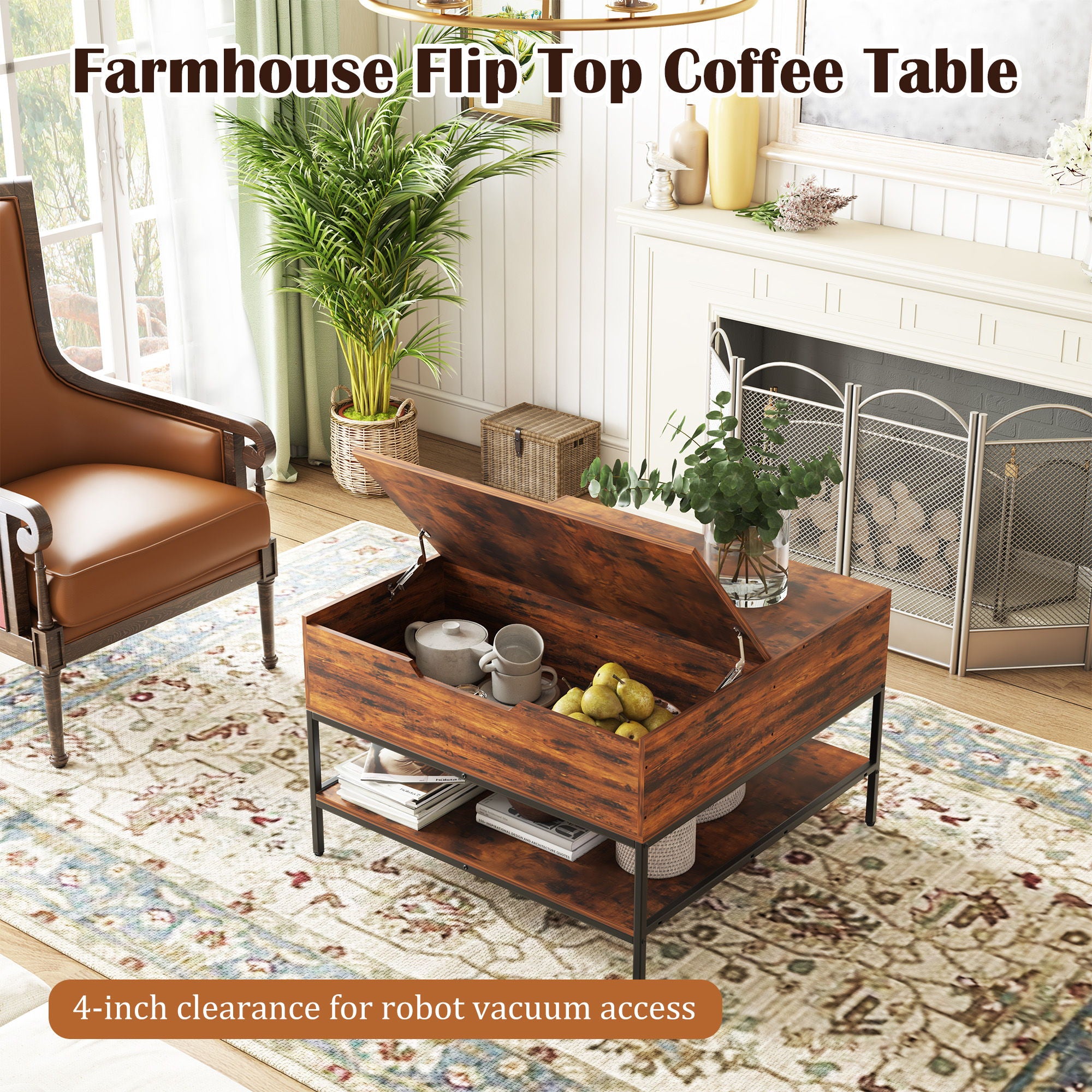 Rustic Flip Top Coffee Table With Hidden Storage - Black / Brown