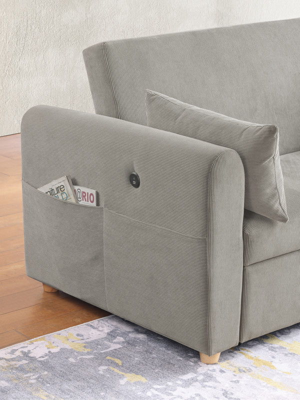 Marielle 55"W Gray Corduroy Convertible Sleeper Loveseat with USB Ports, Magazine Pockets, and Pillows