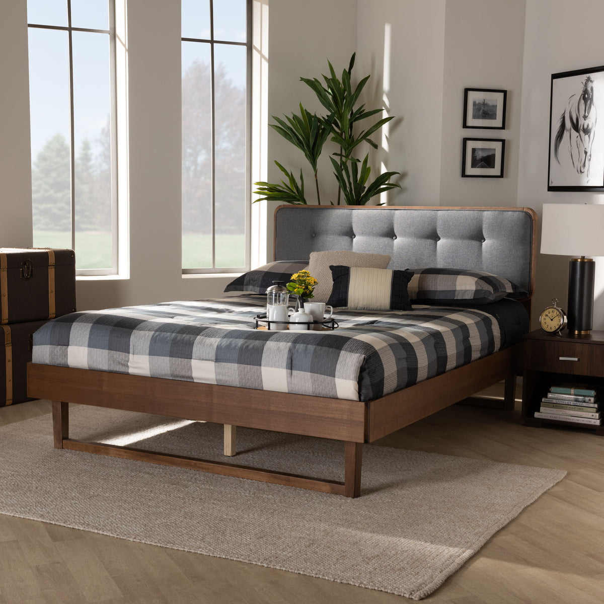 Natalia Mid-Century Modern Dark Grey Fabric Upholstered and Ash Walnut Finished Wood Queen Size Platform Bed