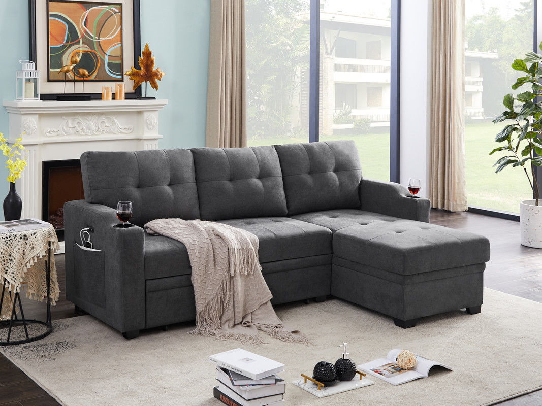 Mabel 83"W Dark Gray Woven Fabric Sleeper Sectional with cupholder, USB charging port and pocket