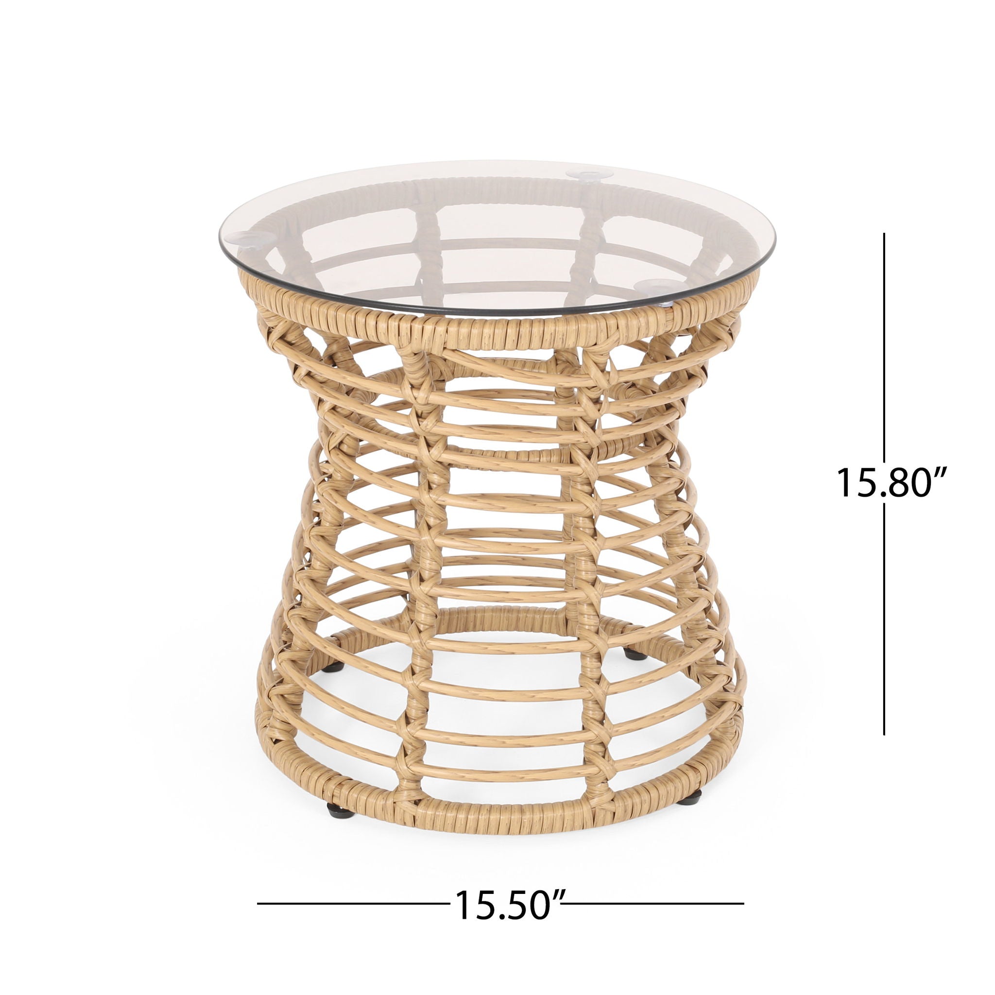 San Pedro - Boho Style Side Table With Tempered Glass Top - Light Brown Rattan