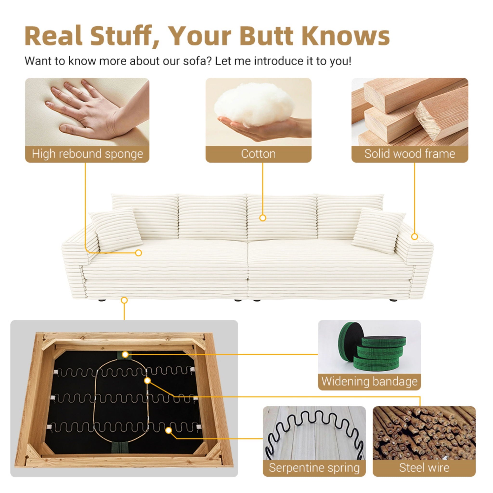 Plush Corduroy 4 Seat Sofa With Soft Pillows And Movable Ottoman