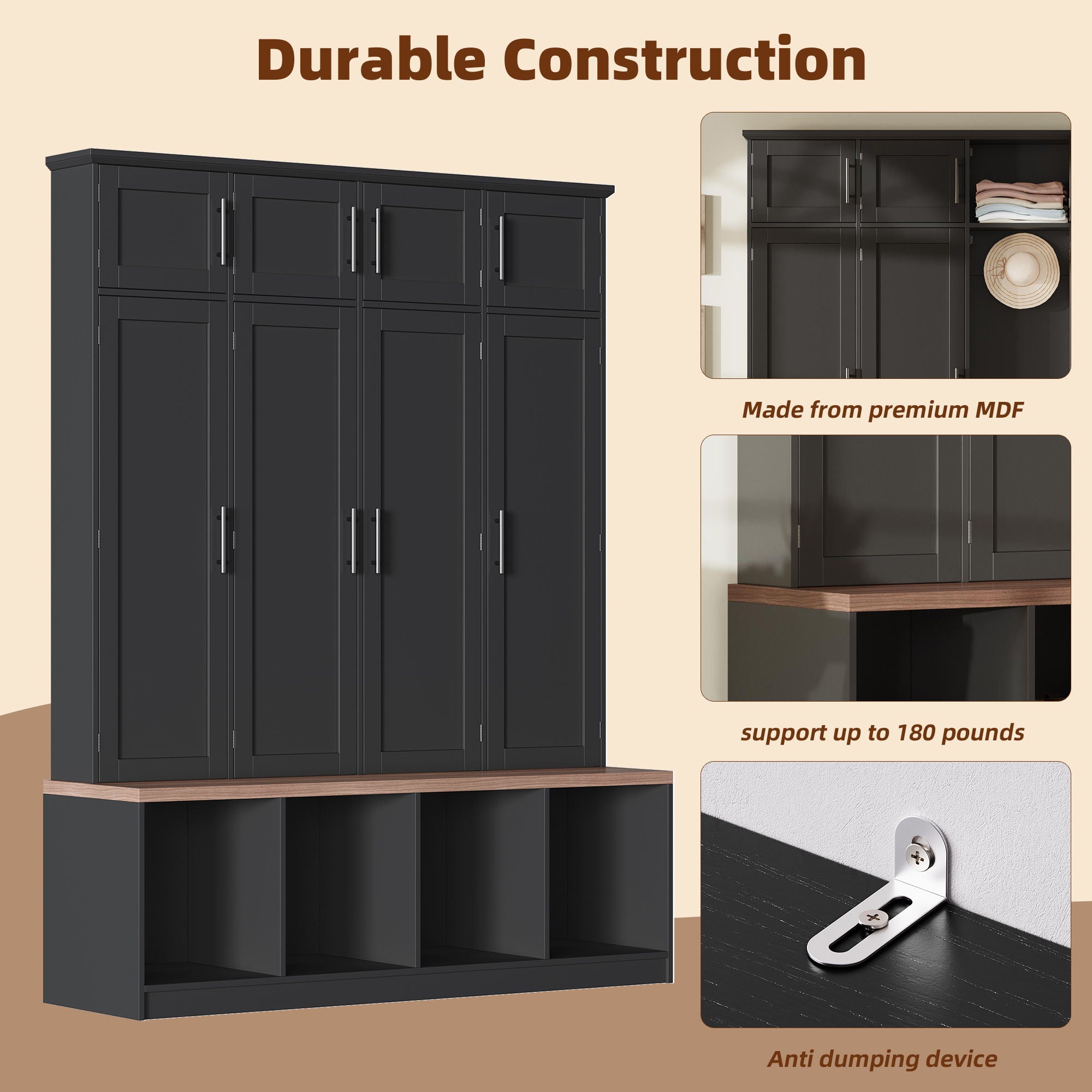 Farmhouse Hall Tree With 4 Hidden Hanging Hooks And 8 Doors