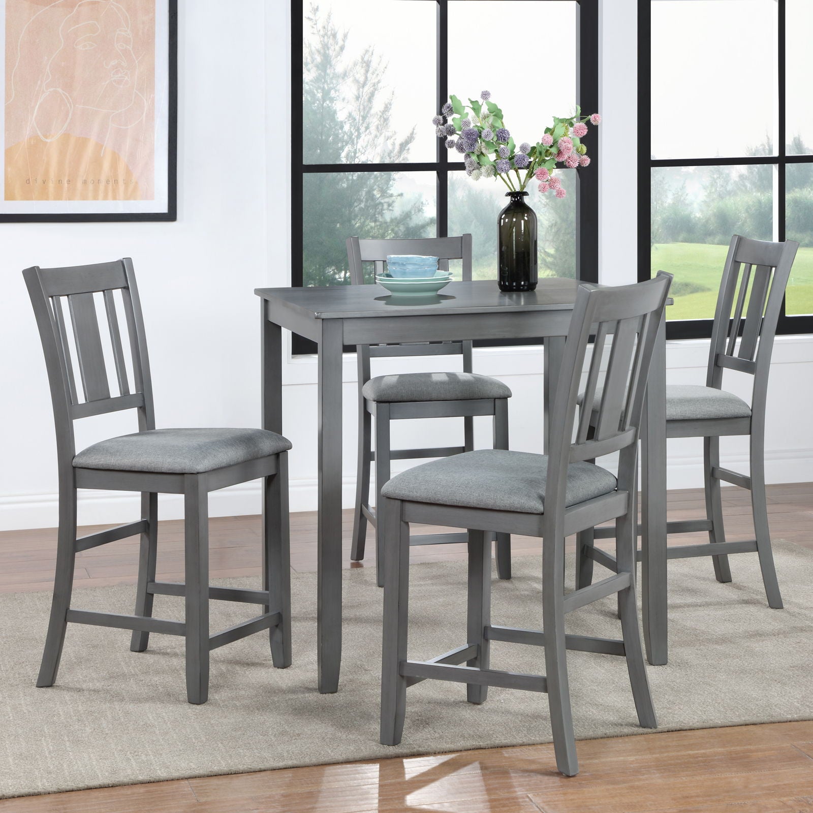 5 Pieces Dining Table Set, Counter Height Kitchen Table Set With Square Table And 4 Upholstered Chairs
