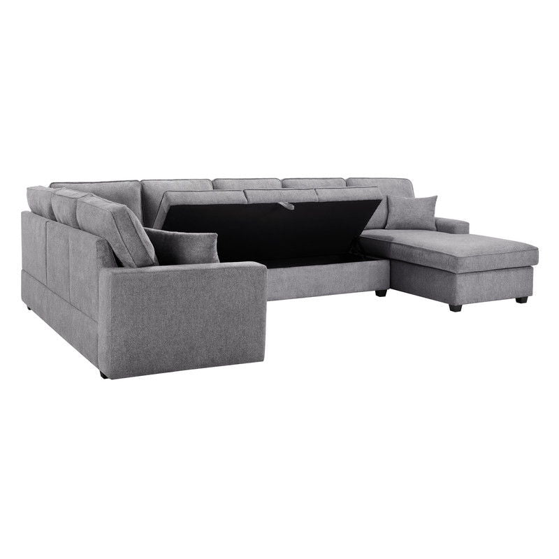 Samara 137"W Gray Chenille Sectional Sofa with Right-Facing Chaise, Underseat Storage, Throw Pillows