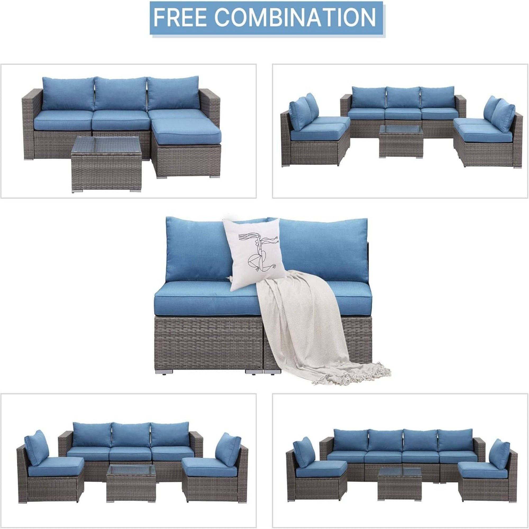 Armless Patio Sofa Set, With UV Resistant Frame And Waterproof Cushions - Blue / Brown