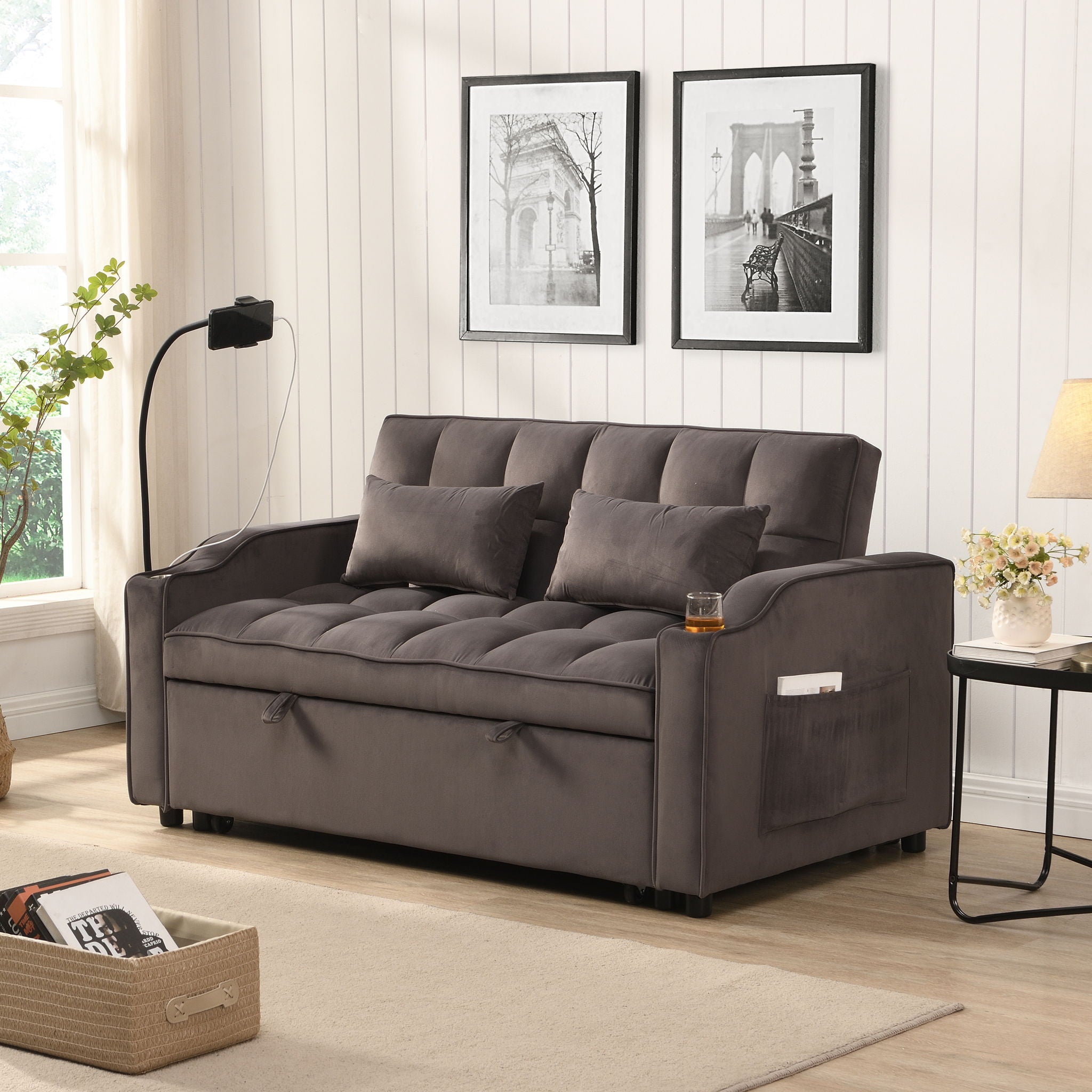 Modern Velvet Loveseat With Pullout Bed, Adjustable Reclining Backrest