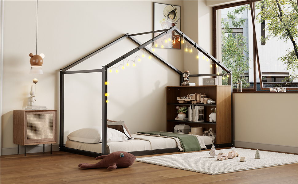 Bed House Frame With Shelves And Lights
