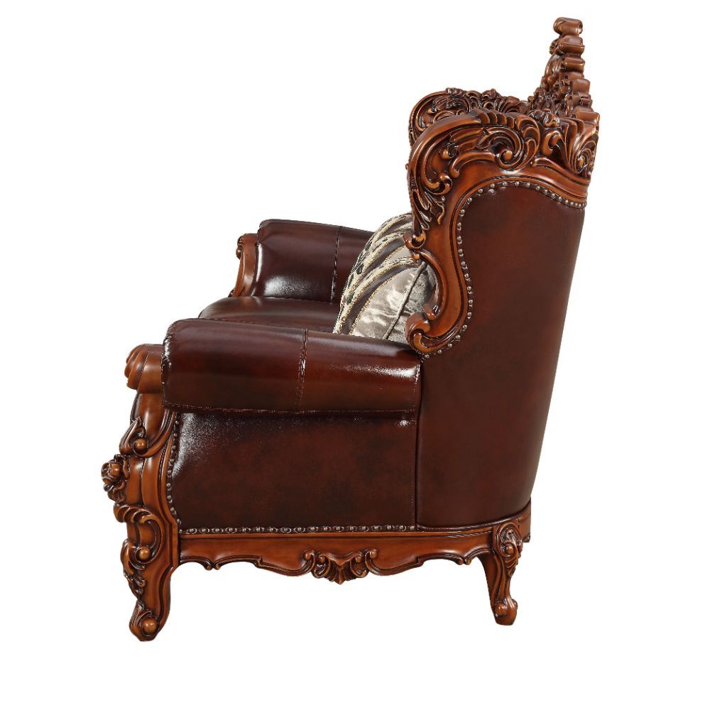 ACME Eustoma - Sofa - Cherry Top Grain Leather Match & Walnut | Meri Furniture