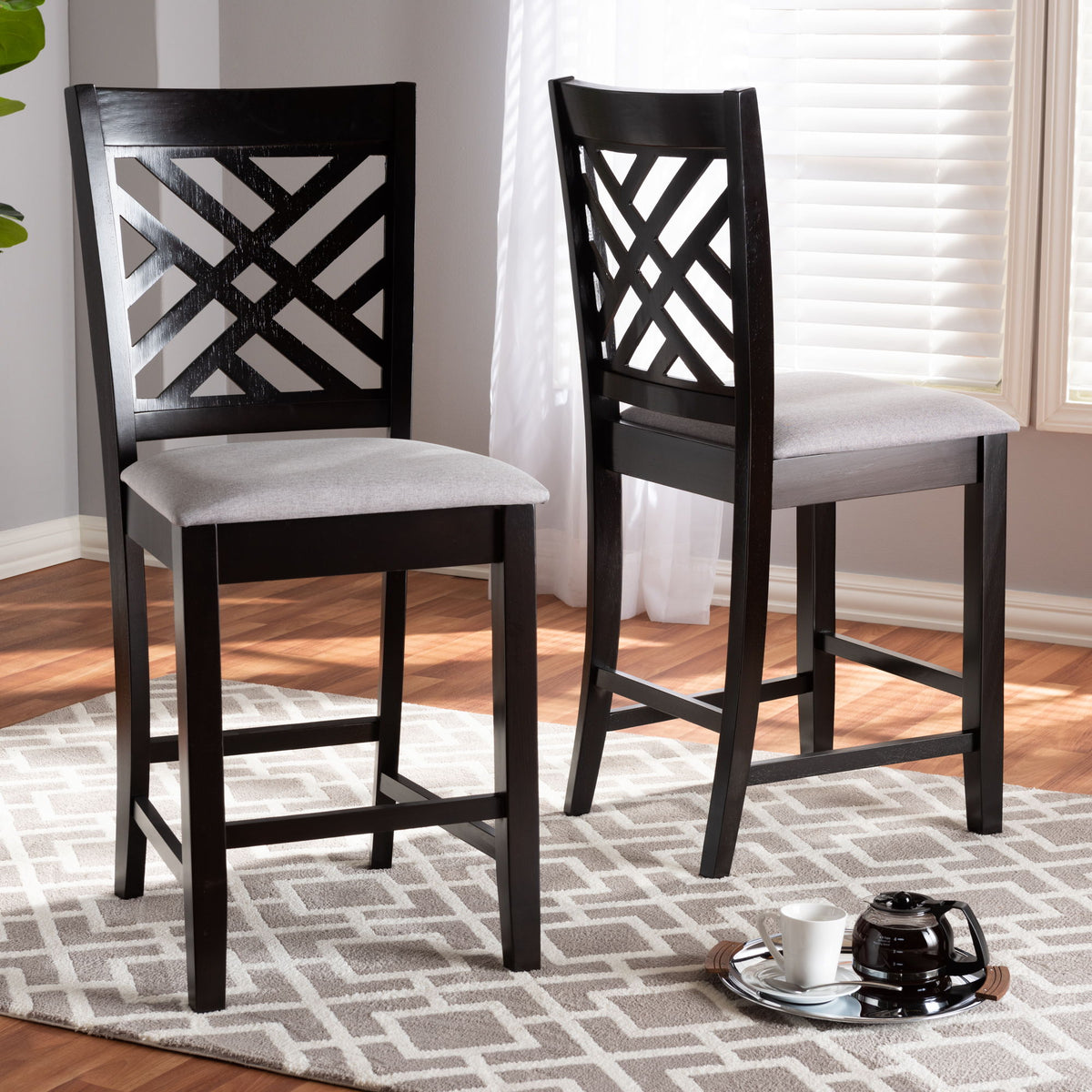 Caron Modern and Contemporary Gray Fabric Upholstered Espresso Brown Finished Wood Counter Height Pub Chair Set of 2