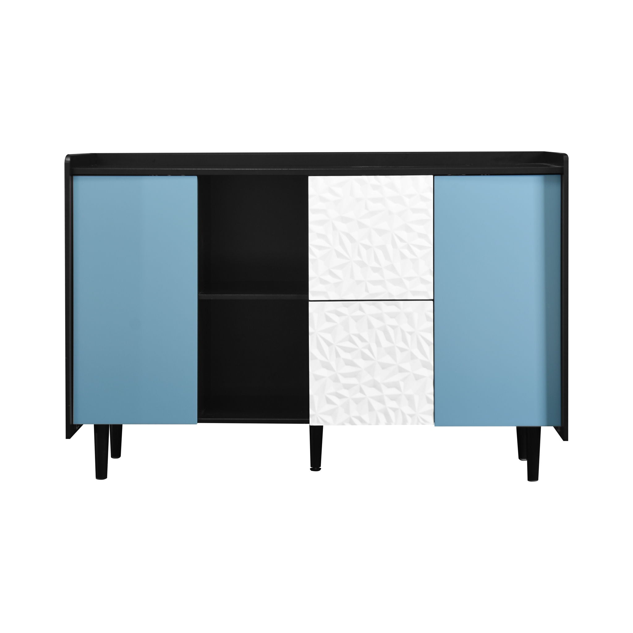 Modern Sideboard Buffet Cabinet With Red Doors And Unique Panel Styling