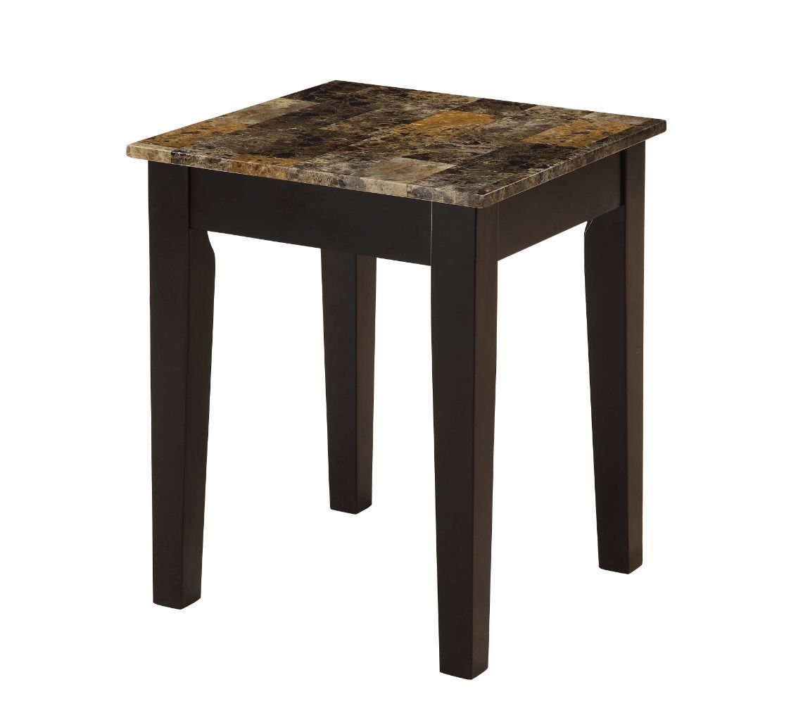 KD, Square Leg End Table • NO Storage • Features: Faux Marble Top, Wooden Top, Wooden Tapered Leg •• CONSTRUCTION •• Wooden Top & Apron: Faux Marble Paper Veneer, MDF 15mm Thick • Wooden Tapered Leg: Wood (Aspen)