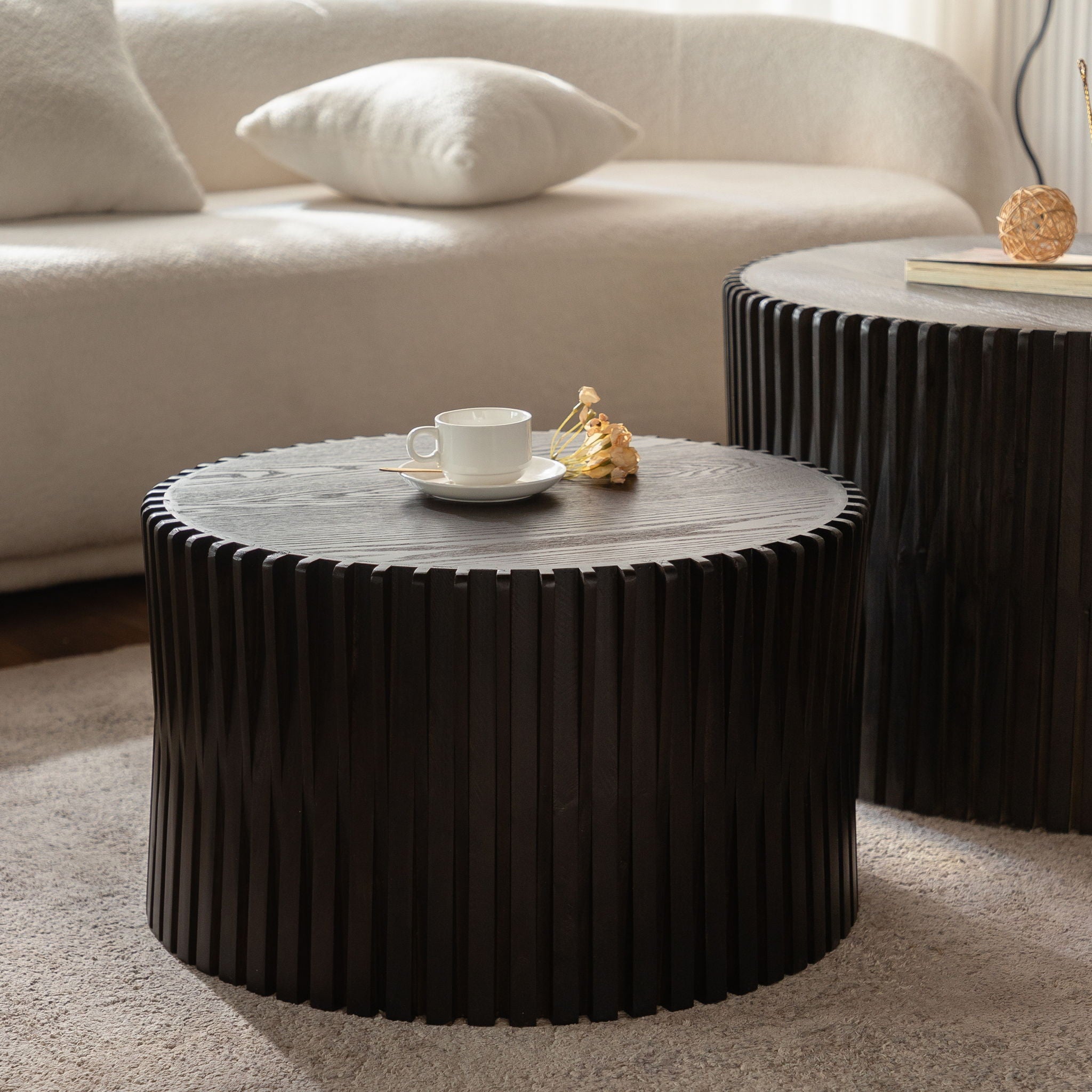 Cylindrical Coffee Table With Vertical Texture Relief