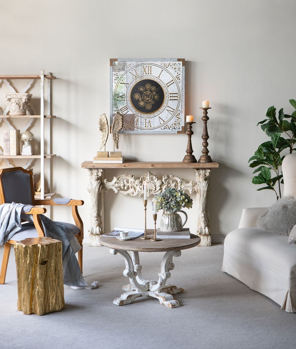 Round Wooden Coffee Table With Distressed Scrollwork Legs - Multicolor