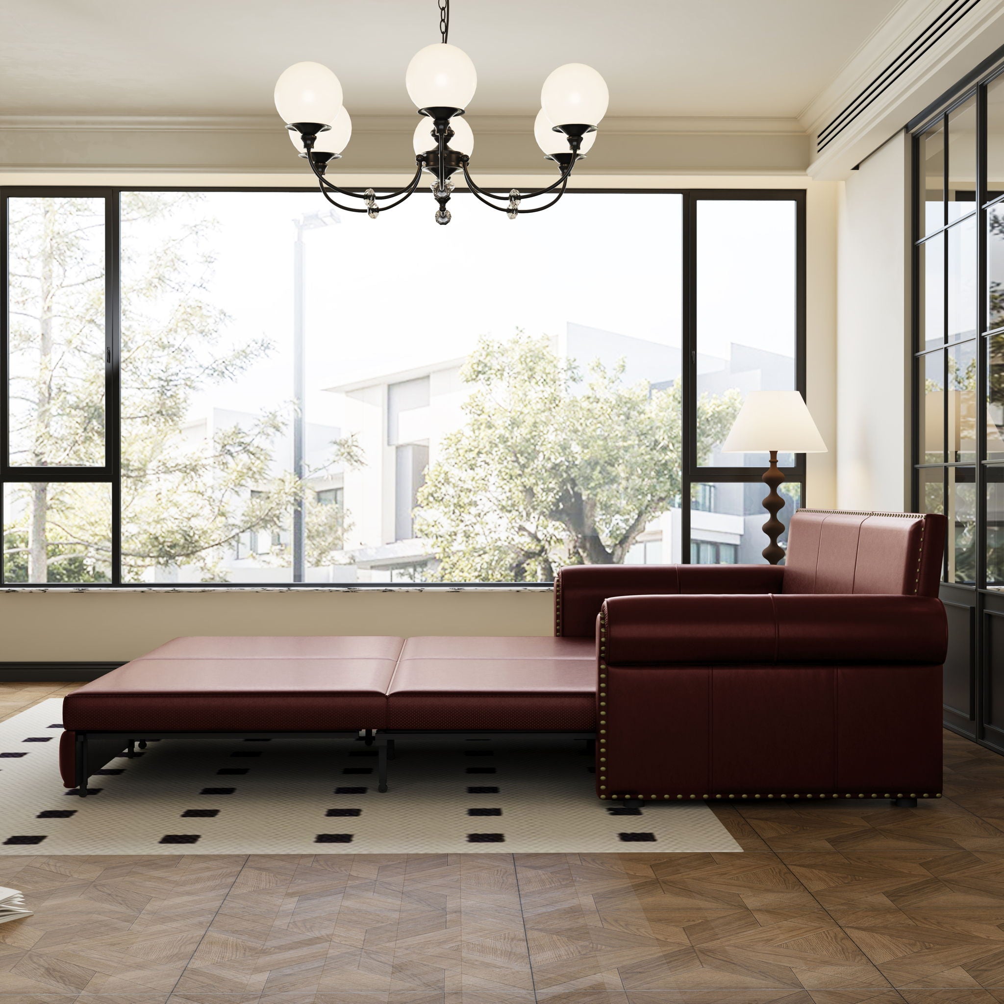 3 In 1 Convertible Sleeper Sofa With Nailhead Trim & Rolled Arm