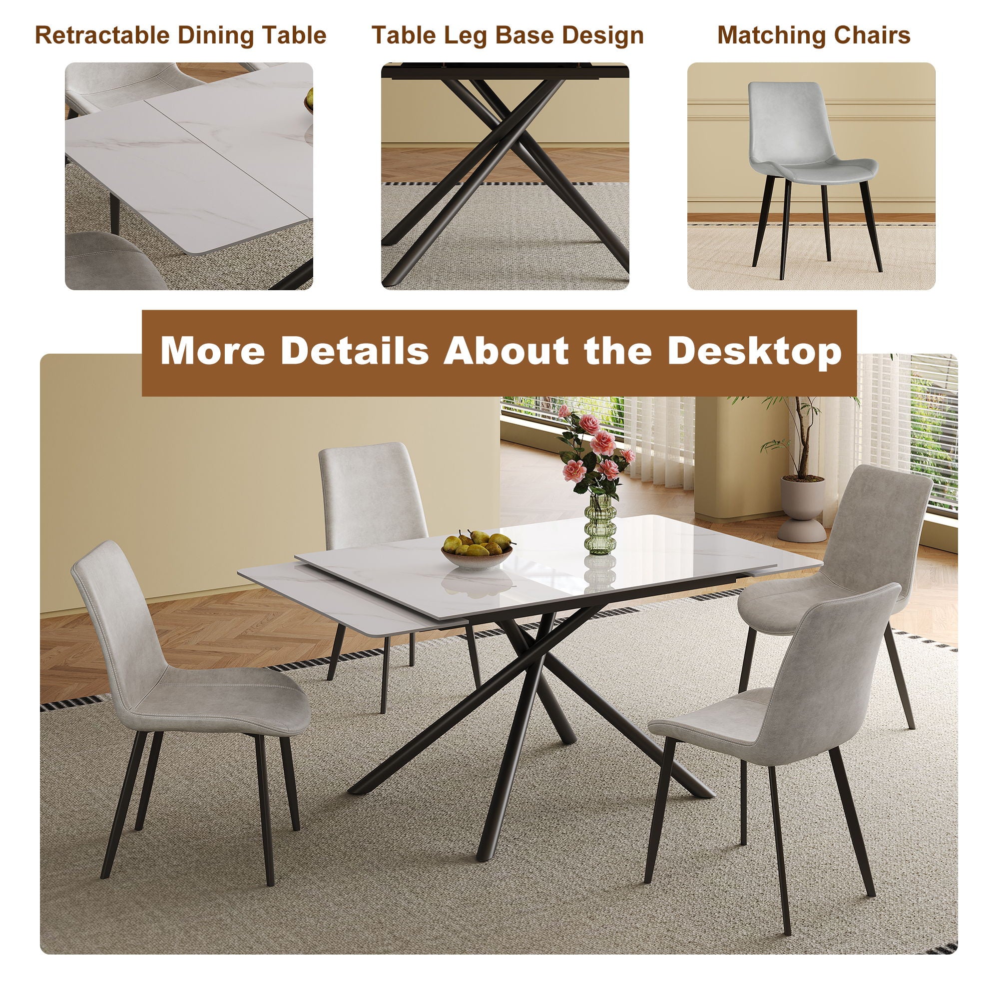 Retractable Sintered Stone Dining Table Set With Chairs