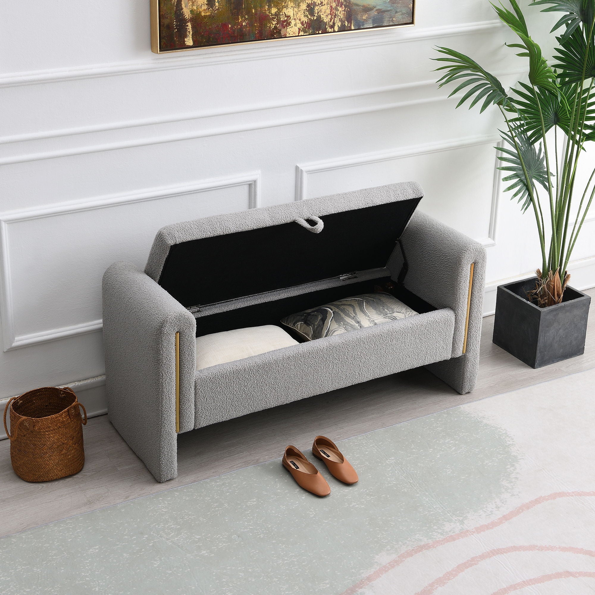 Modern Teddy Upholstered Large Bed End Bench With Arms And Storage