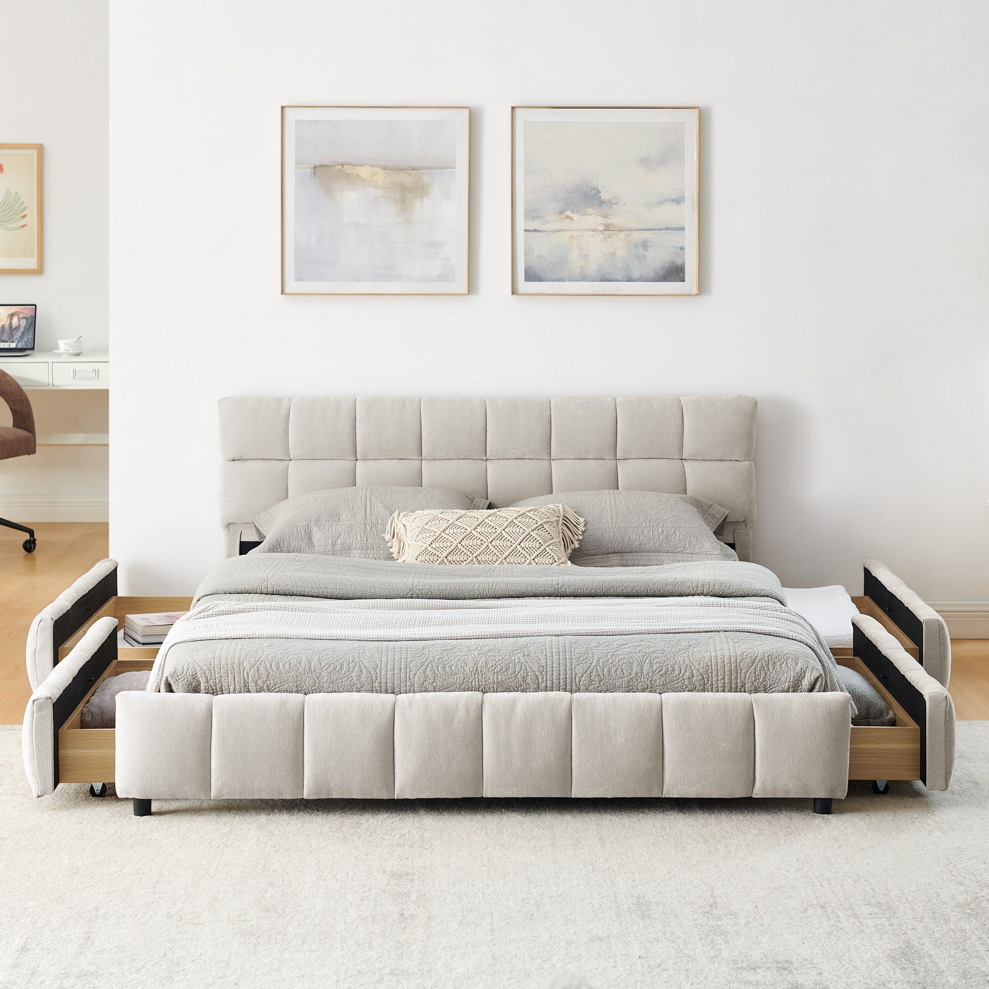 Modern Platform Bed Frame With Thick Chenille Fabric
