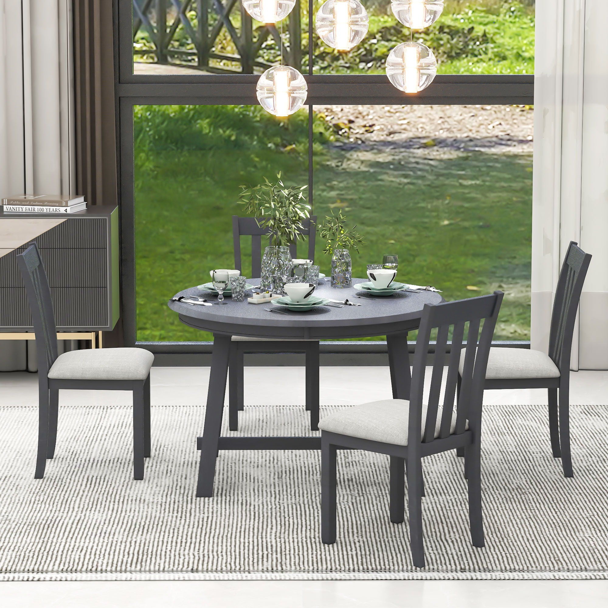 5 Piece Wood Dining Table Set With Extendable Round Table And 4 Chairs