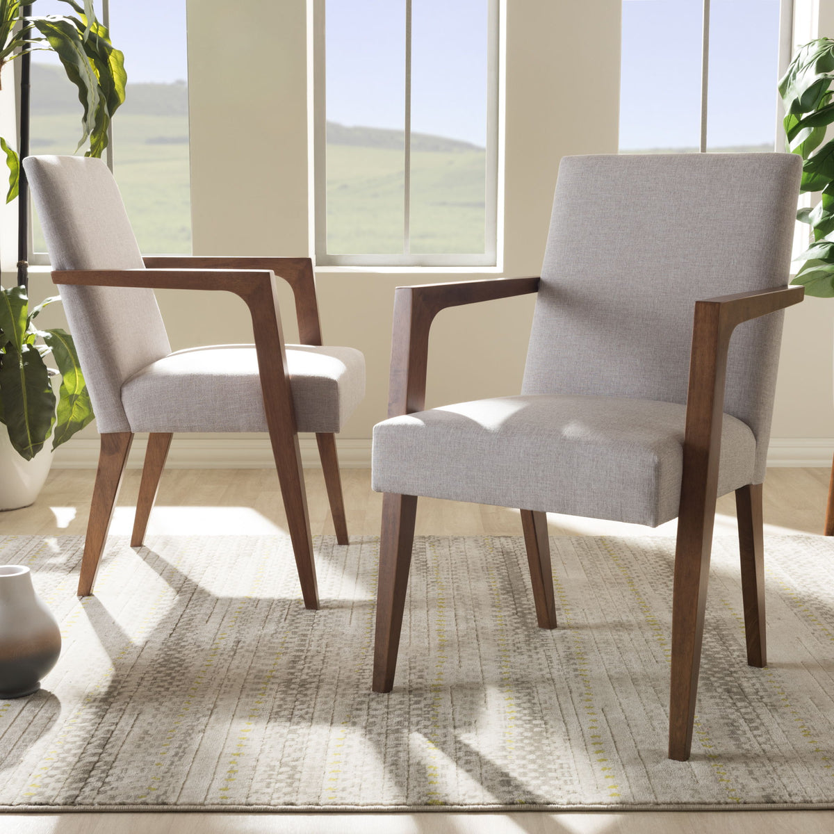 Andrea Mid-Century Modern Greyish Beige Upholstered Wooden 2-Piece Lounge Chair Set
