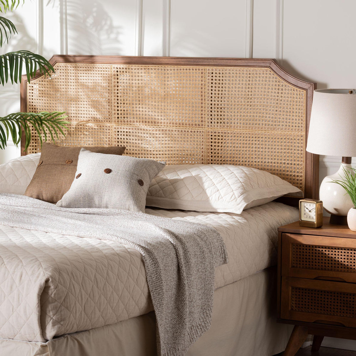 Hermine Bamboo Woven Headboard - Solid Wood Bed Backrest Panel with Curved Top, Boho Coastal Bed Accent, Queen Size
