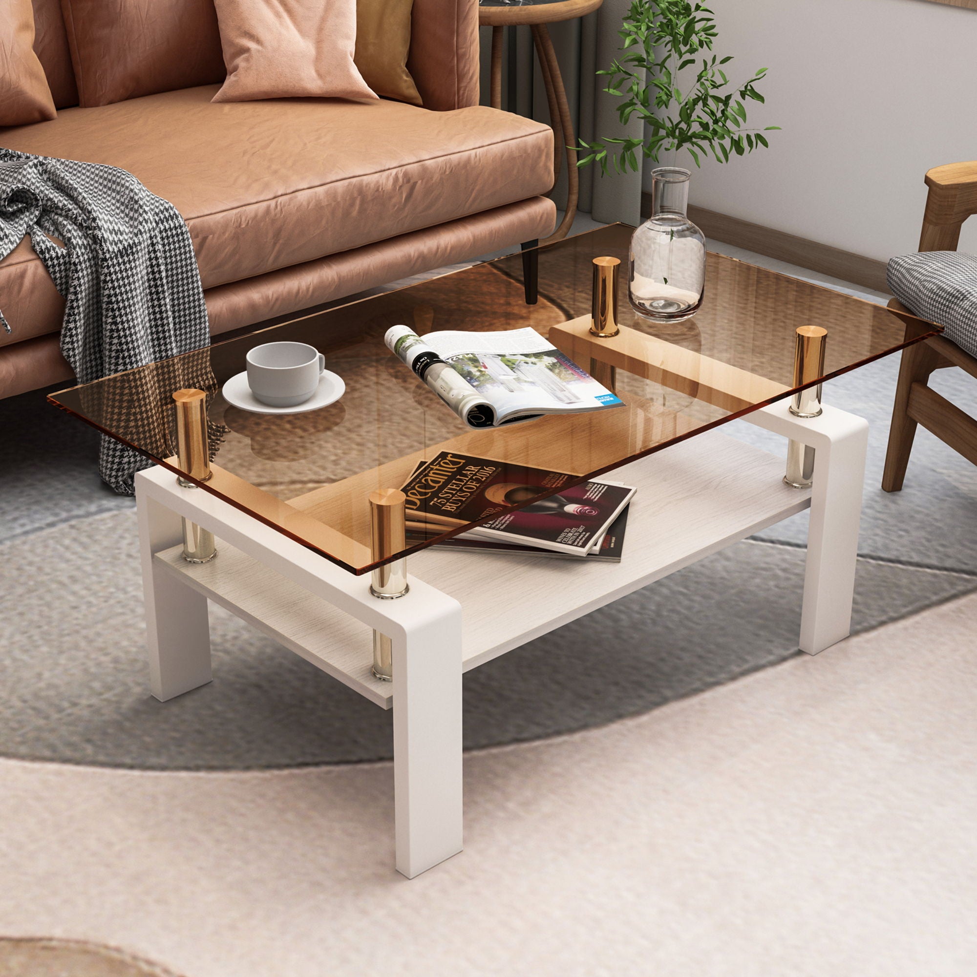 Modern Rectangular Coffee Table With Tempered Transparent Glass Top And Storage Shelf