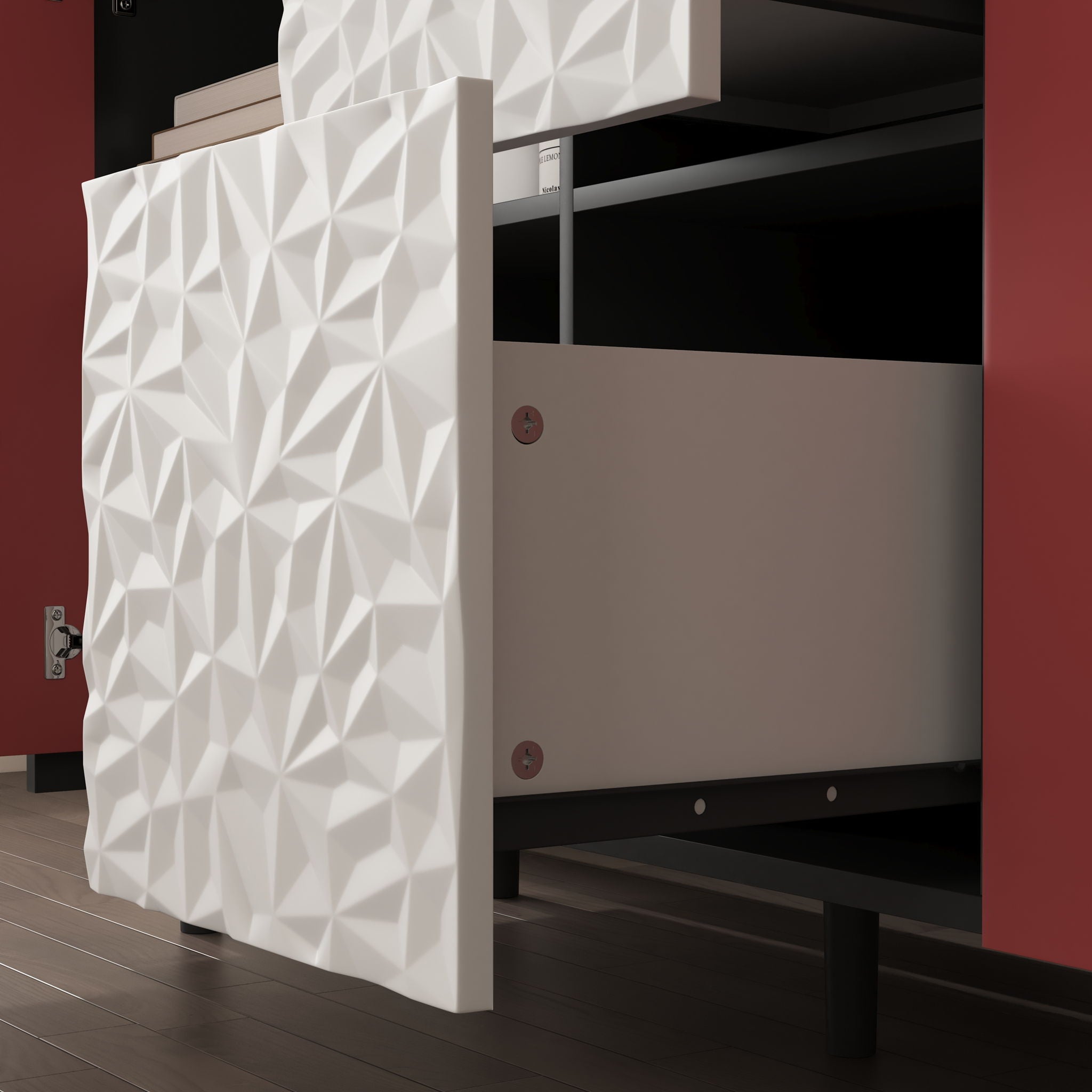 Modern Sideboard Buffet Cabinet With Red Doors And Unique Panel Styling