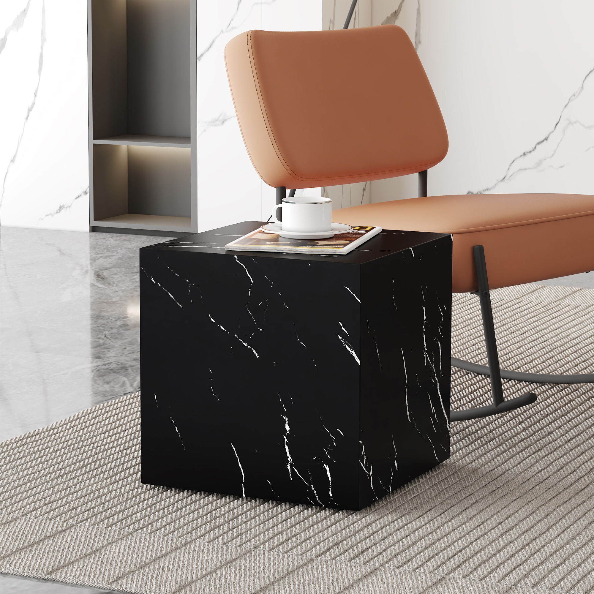 Luxurious Marble Texture Coffee Table Cube Design Elegant Living Room Accent - Black