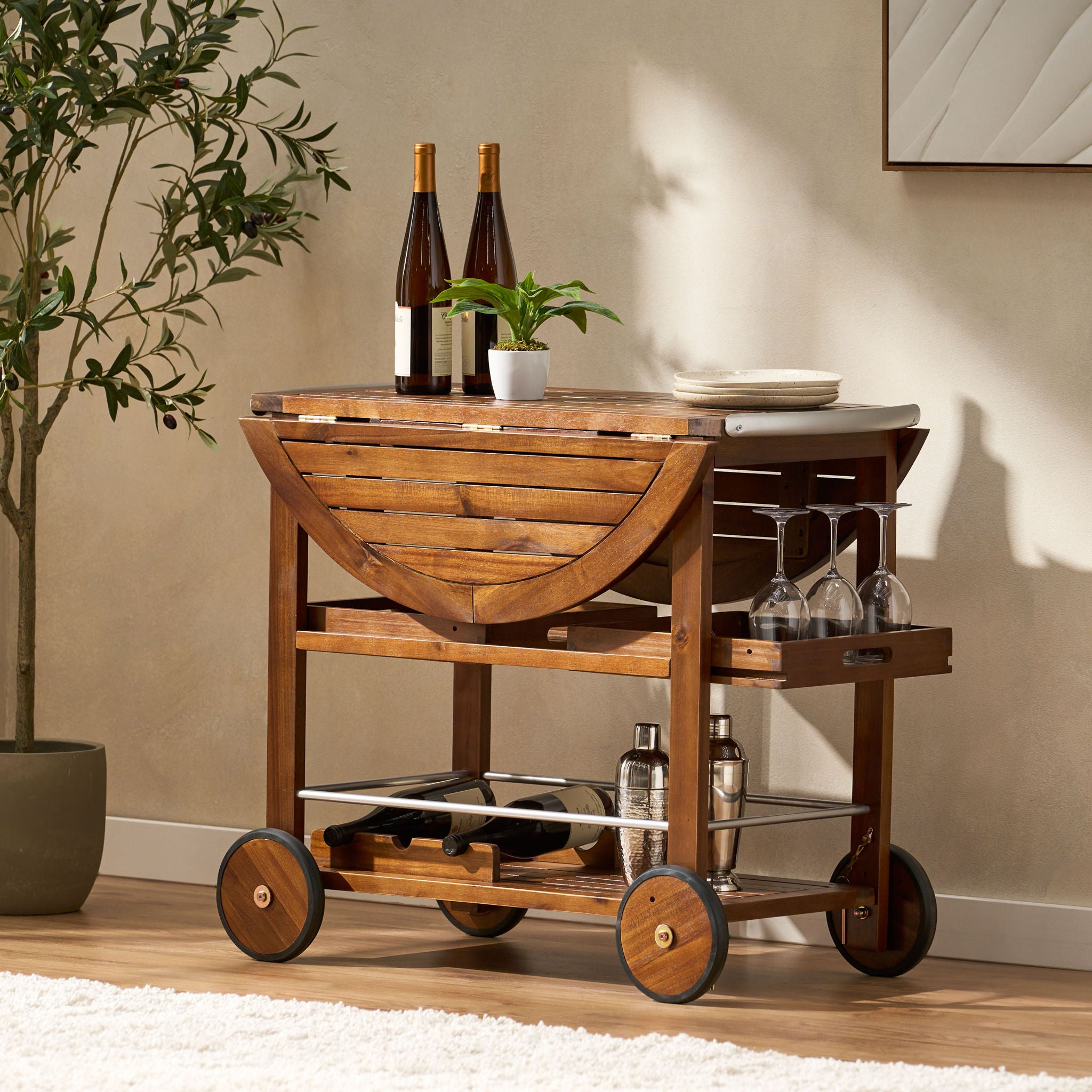 Wood And Aluminum Bar Cart With 2 Shelves - Oak / Silver