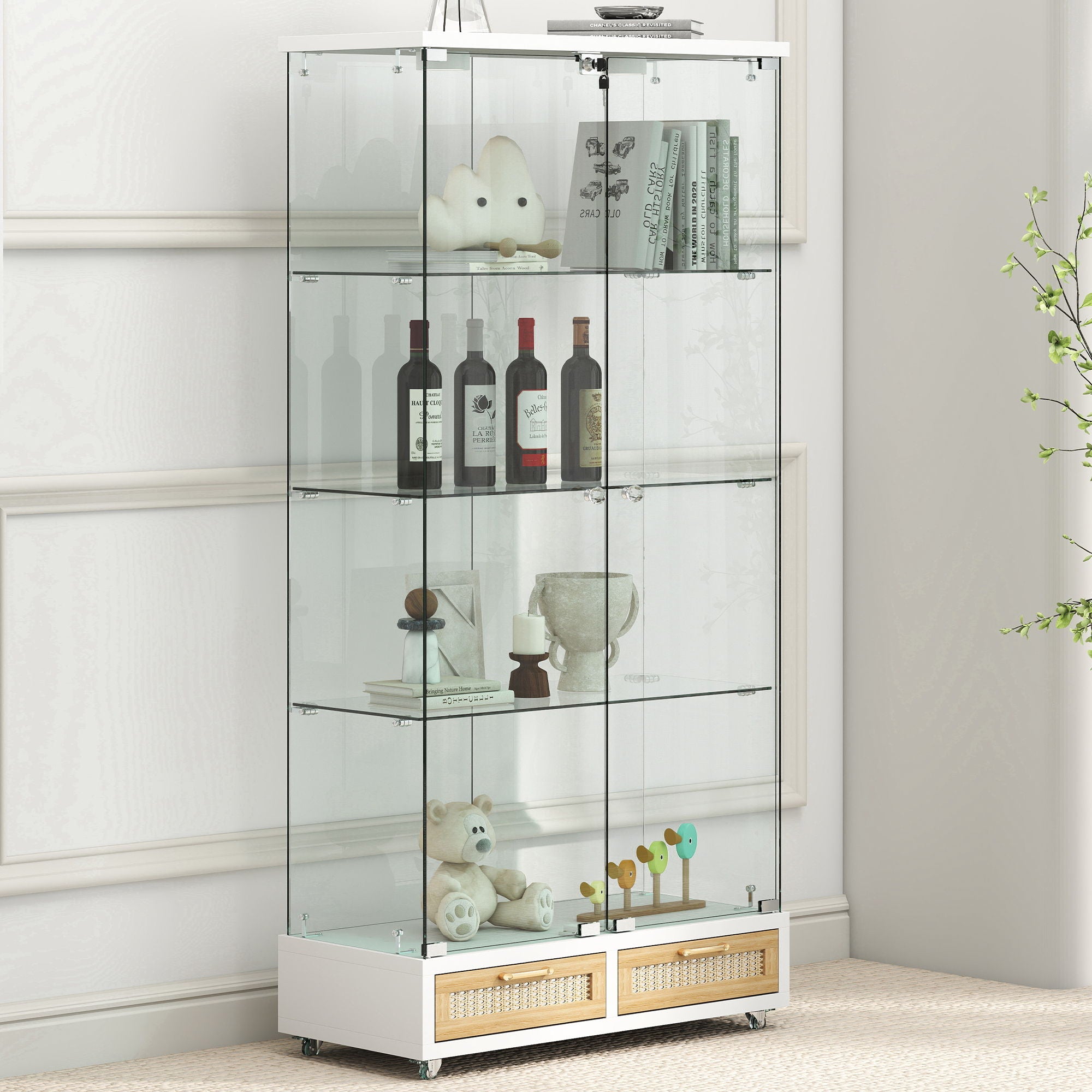 Glass Display Cabinet With LED Lights, Tempered Glass Doors, Large Drawers, 2 Door Storage Case With 4 Shelves - Natural / White