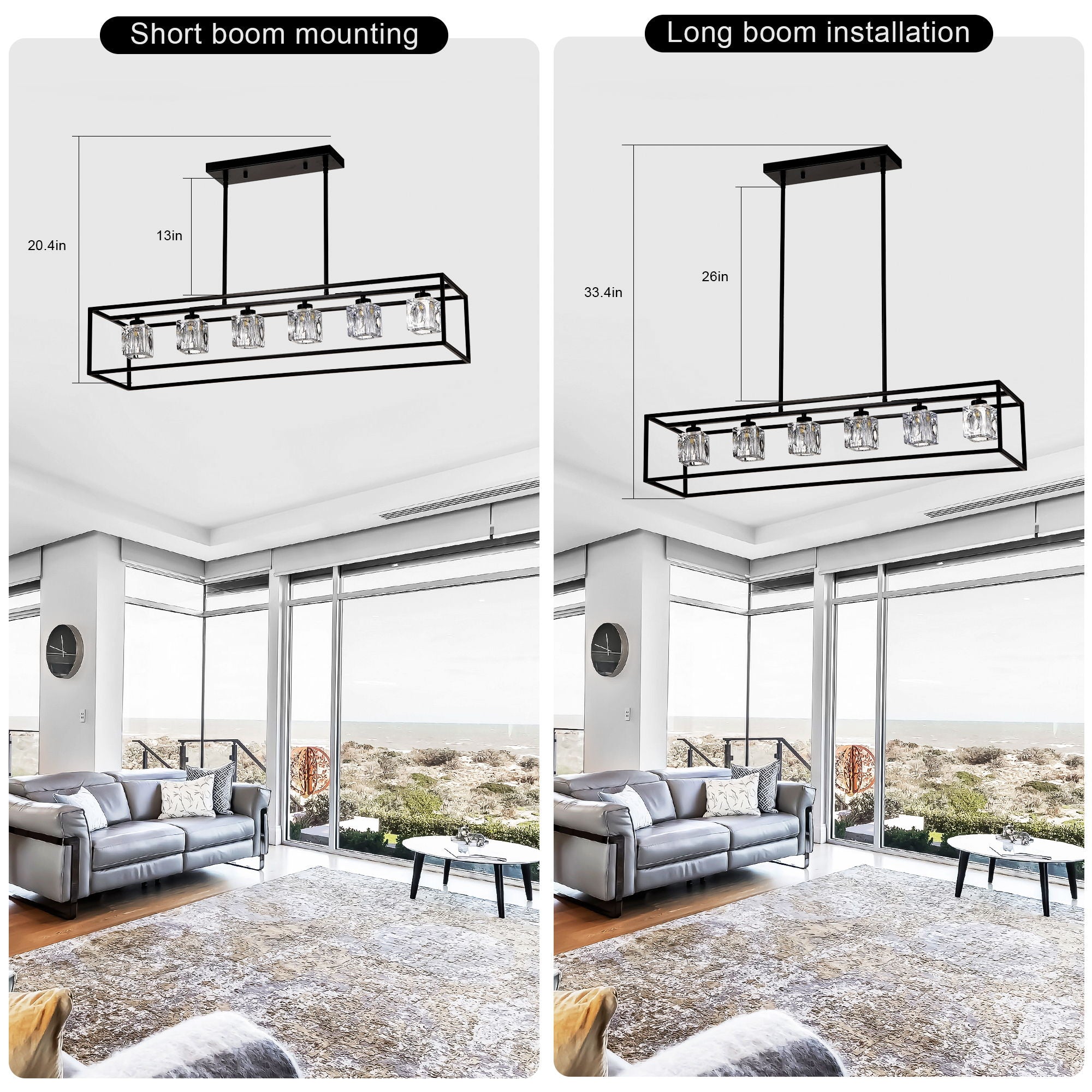 6 Light Farmhouse Chandelier, Modern Industrial Linear Rectangular Crystal Pendant Light Cage Chandelier For Dining Room, Kitchen Island, Bar, Long Table, G9*6 Bulbs Included - Matte Black