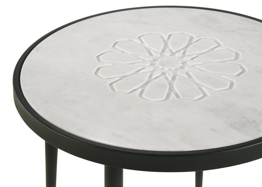 Kofi - Round Marble Top Accent Side Table - White And Black