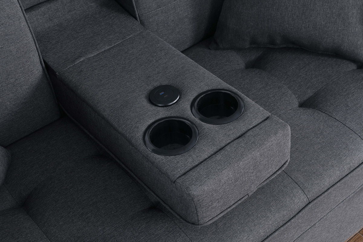 Cody II 70"W Dark Gray Linen Convertible Sleeper Loveseat with Dropdown Console, Cup Holders, Charging Ports, Pocket, and Pocket Coil Seating