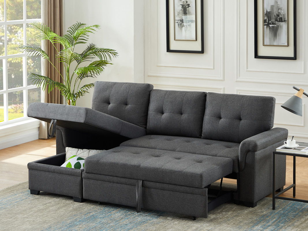 Lucca 84"W Dark Gray Linen Reversible Sleeper Sectional Sofa with Storage Chaise