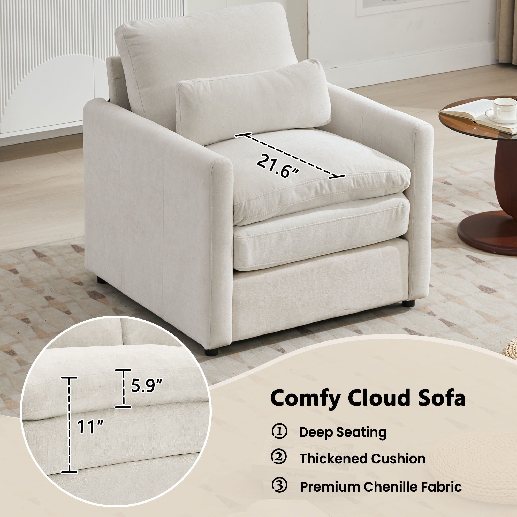 Cozy Upholstered Plush Cushion Armchair For Living Room