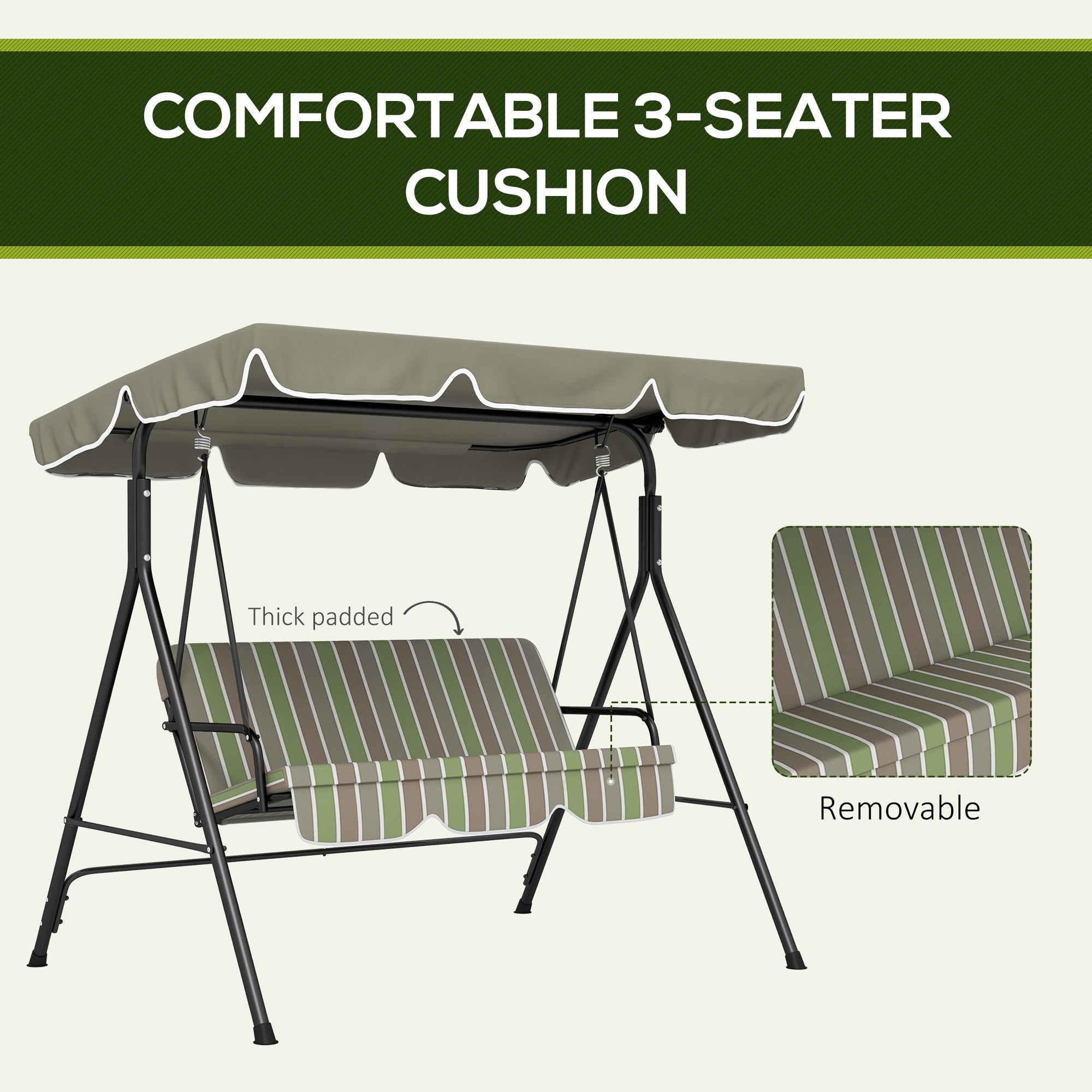 3-Seat Outdoor Patio Swing Chair Canopy with Removable Cushion