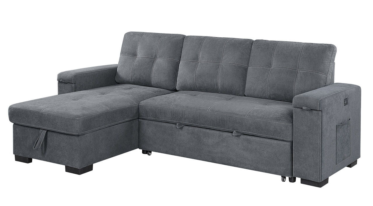 Toby 95"W Gray Woven Fabric Reversible Sleeper Sectional Sofa with Storage Chaise Cup Holder Charging Ports and Pockets