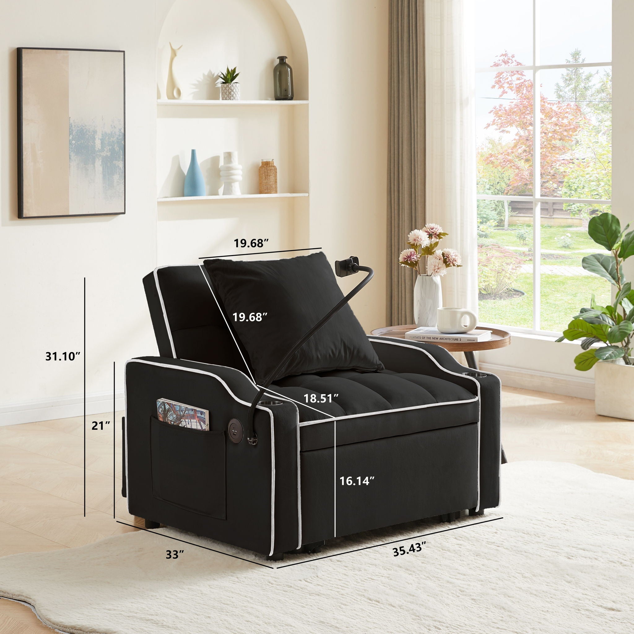 Convertible Velvet 3 In 1 Sofa Bed With Adjustable Sleeper Chair And Multi Pockets