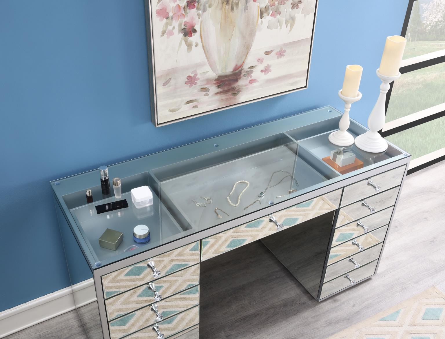 G-317 - Glamour Vanity Set (MDF Dresser + Mirror Bluetooth Speaker With Lights) - Pearl Silver