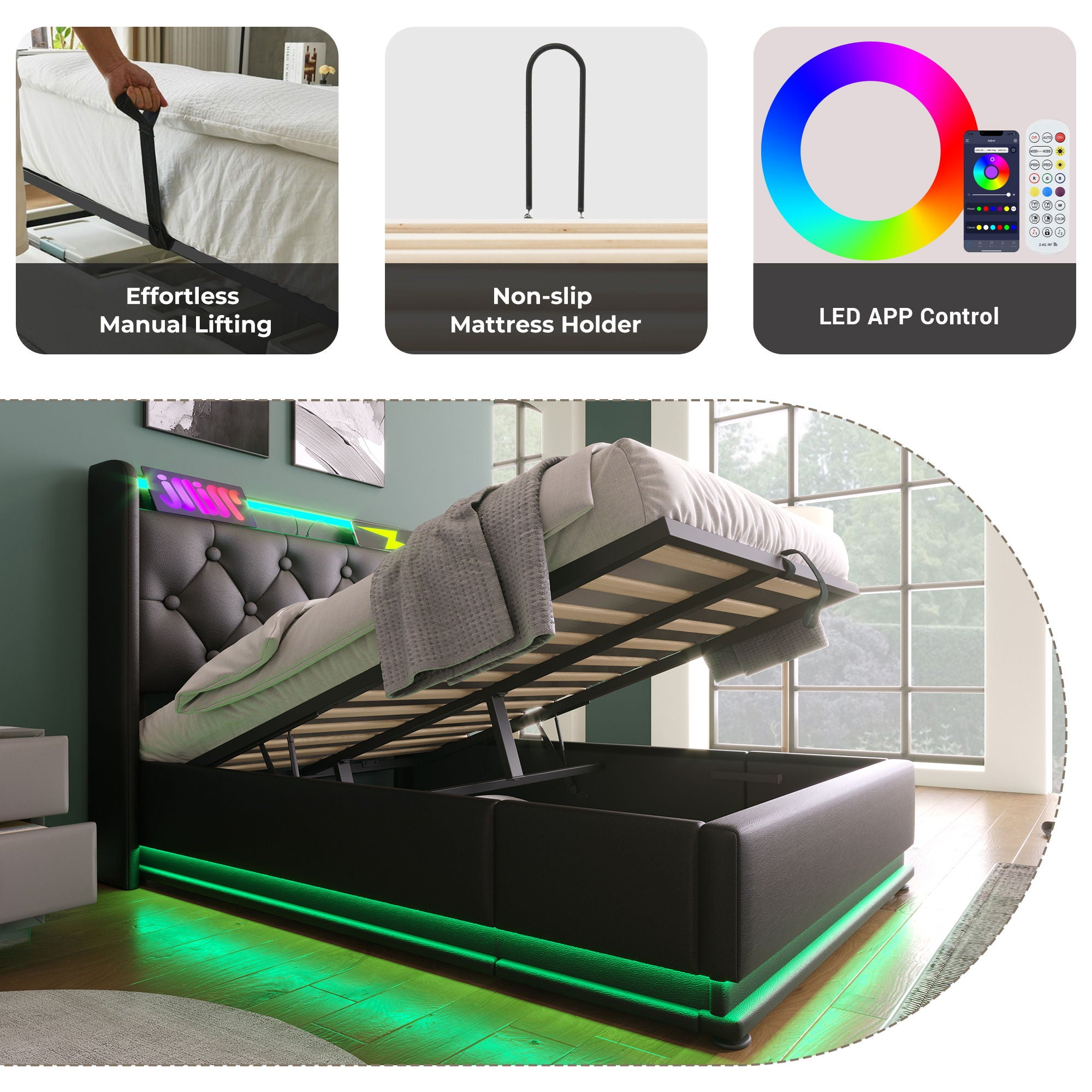 Upholstered Bed, 360 Surround LED Function, Remote Control, Hydraulic Storage Bed With USB, Type-C Charging (Without Mattress)
