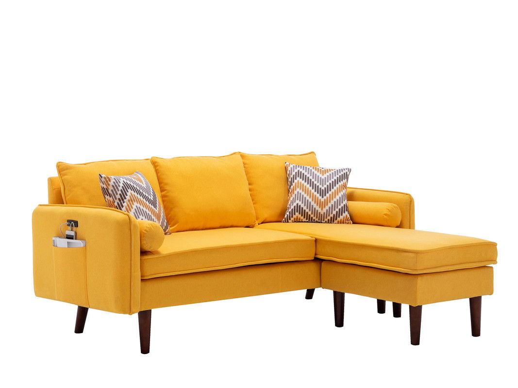 Mia 70"W Yellow Sectional Sofa Chaise with USB Charger & Pillows