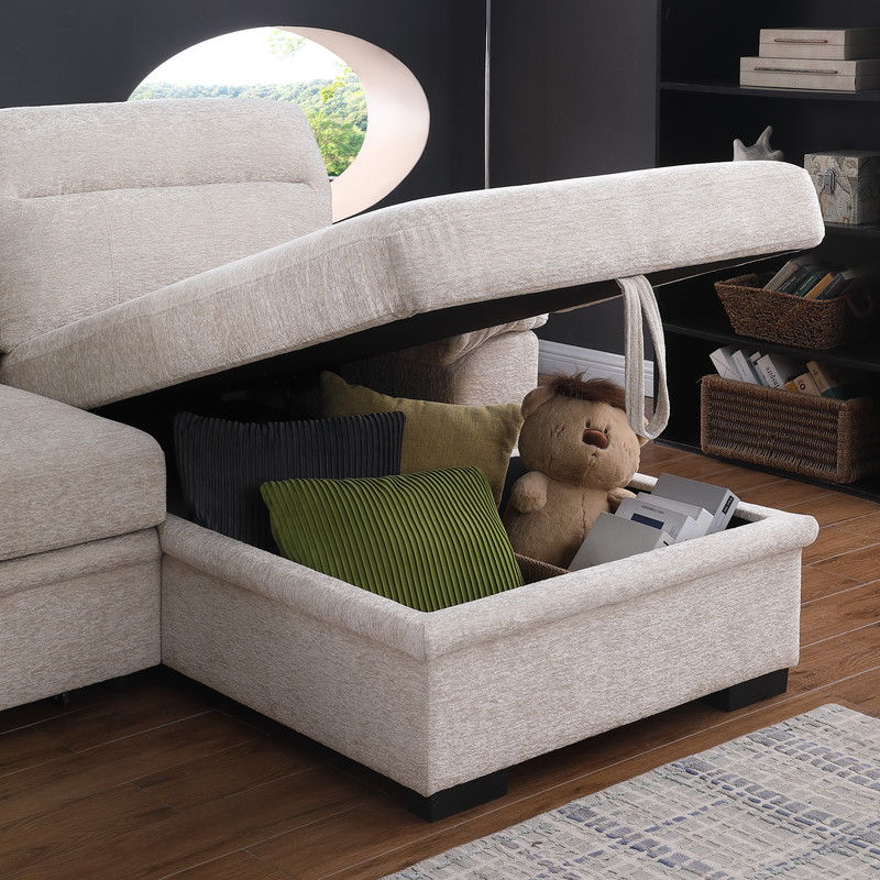 Kipling II 94"W Beige Chenille Fabric Sleeper Sectional Sofa with Right-Facing Chaise, Cupholders, USB Charging port