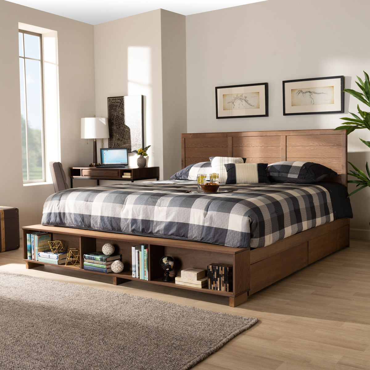Alba Modern Transitional Ash Walnut Brown Finished Wood King Size 4-Drawer Platform Storage Bed with Built-In Shelves