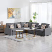 Nolan 106"W Gray Linen Fabric 6Pc Reversible Sectional Sofa with a USB, Charging Ports, Cupholders, Storage Console Table and Pillows and Interchangeable Legs